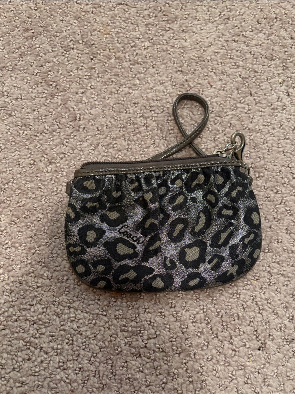 Coach Leopard Print Wristlet in Black and Silver